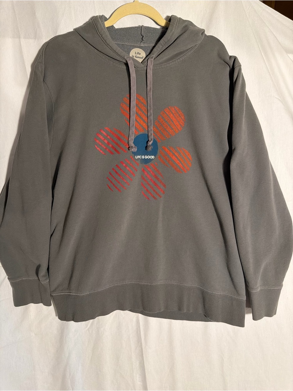 #347 Life is Good Women's Gray Pullover Hoodie with Red Flower Graphic